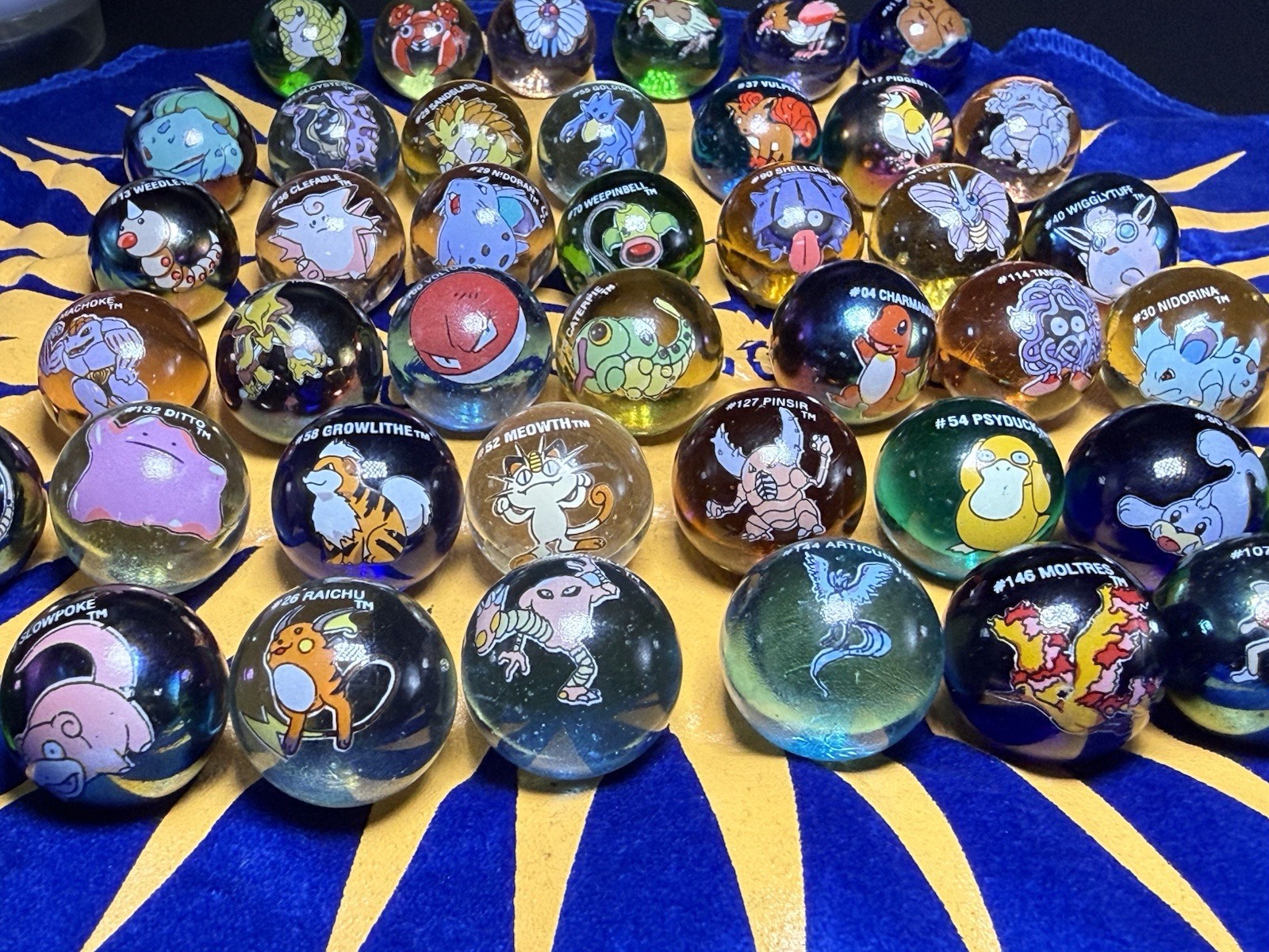 Lot of 42 Vintage Pokemon Marbles & Marble Shooter Works With Play Area, Moltres