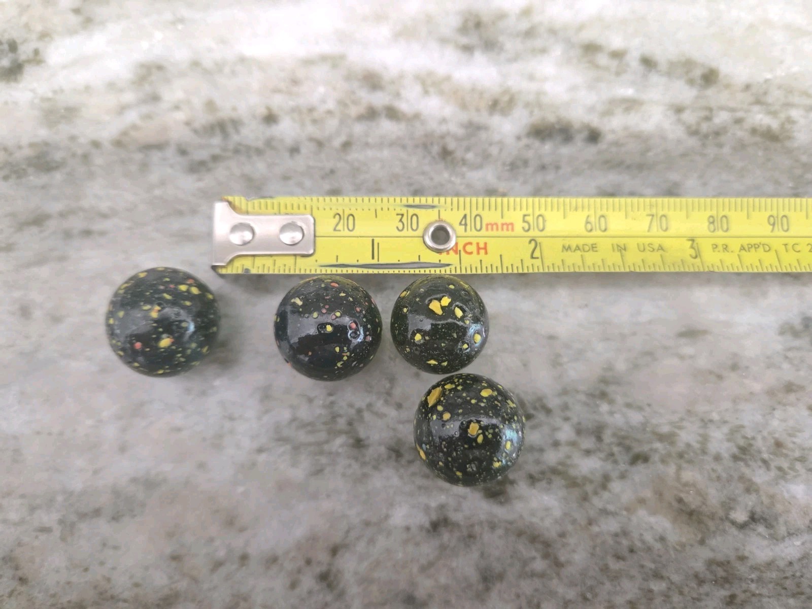 Vacor ? Destroyer Confetti Marbles Lot of 4 Glass Dark Yellow Specs Vintage