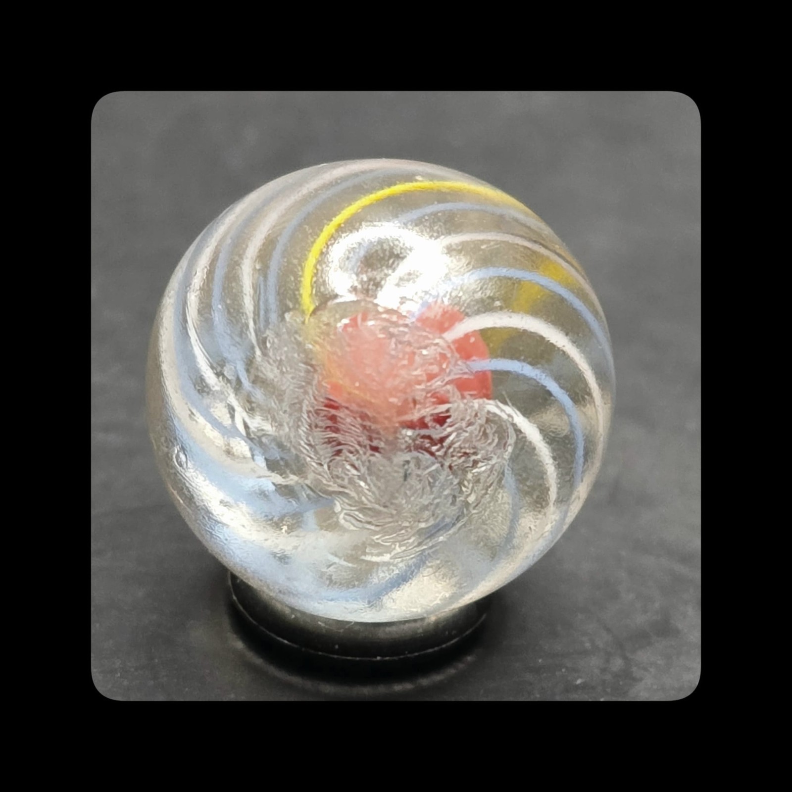 ~Mic’sMibs~ 43/64″ Red Solid Core Swirl w Tri colour Tight Cage WET MINT 9.8