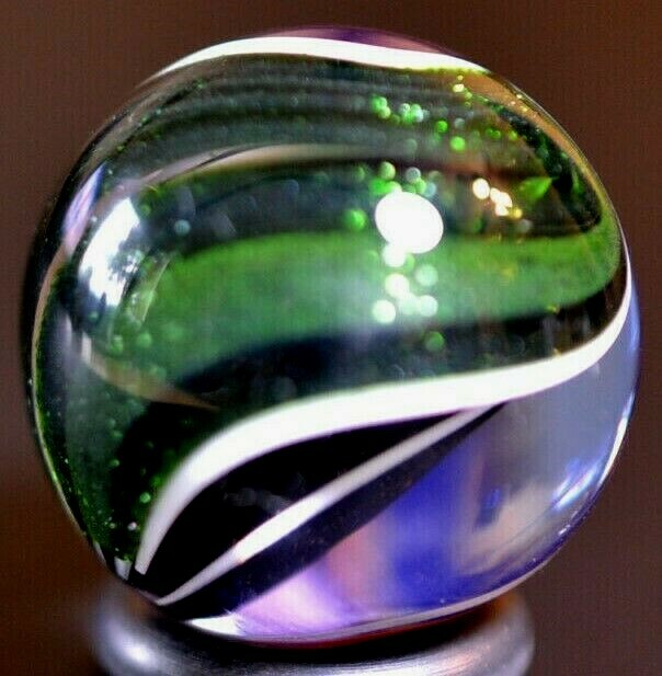 JODY FINE HANDMADE GLASS MARBLE/.880″-ZEBRA CORE w/RAINBOW & GREEN LUTZ RIBBONS-