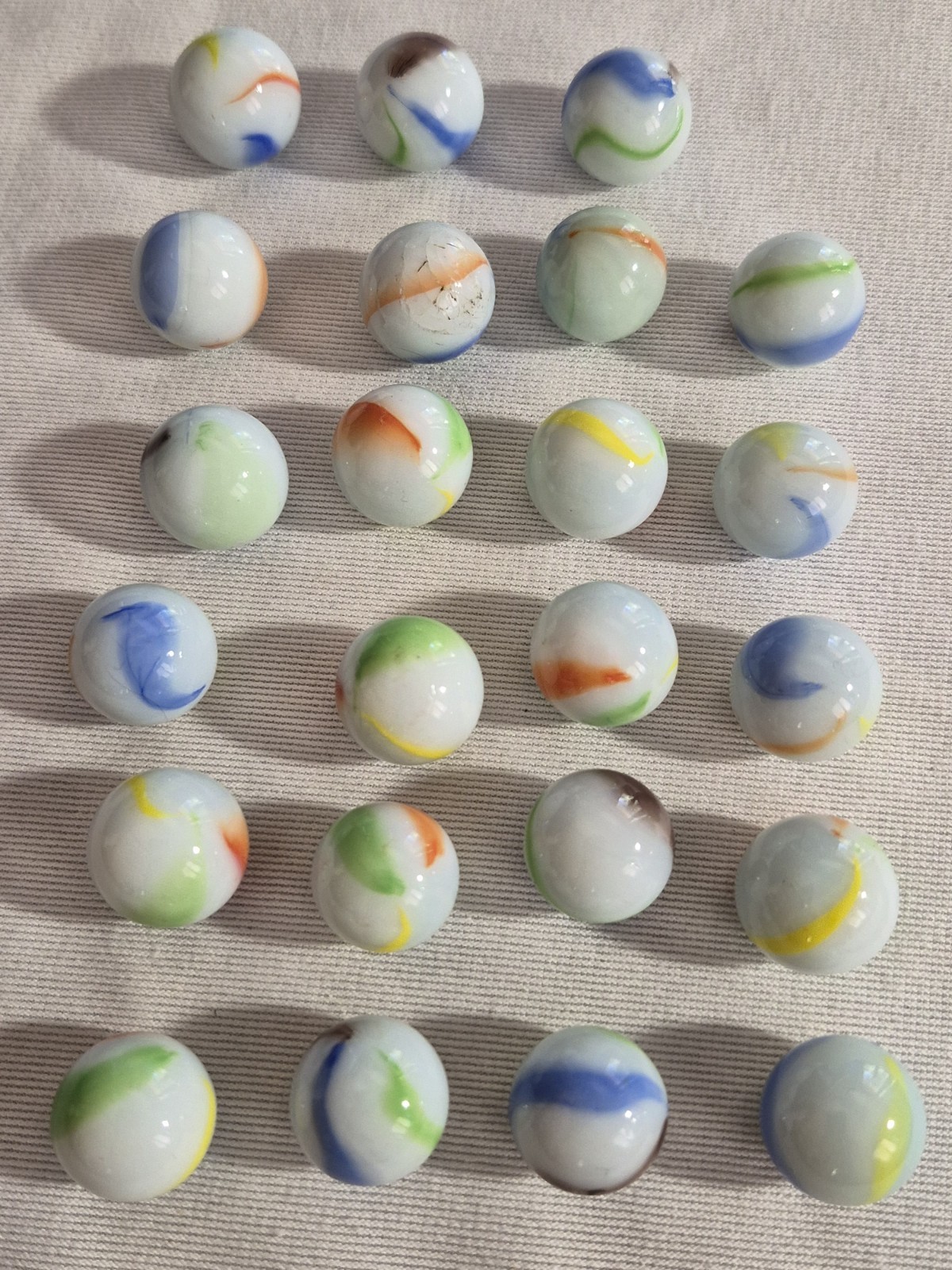 Vintage Vitro Agate Glass Marbles Lot of 22 White Base Conqueror Swirls Patches