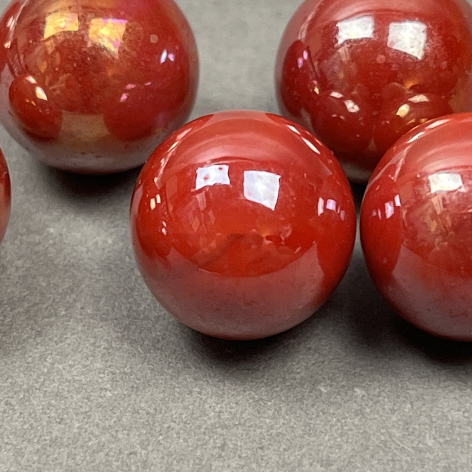 Vintage Lot – (9) Glass Marbles Opaque Orange / Red Fire Iridescent Swirl – 1/2”