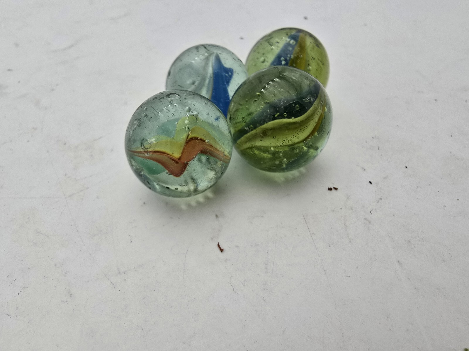 Vintage Estate Large 6 Vein Tri Color In Aqua Glass Shooter 1” Lot Of 4