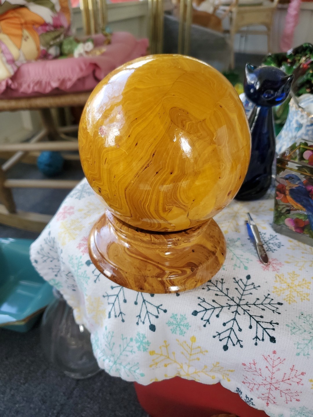 VTG ITALIAN CERAMIC MARBLE SPHERE ON PEDESTAL MADE IN FLORENCE ITALY 6.5″X 4.5″