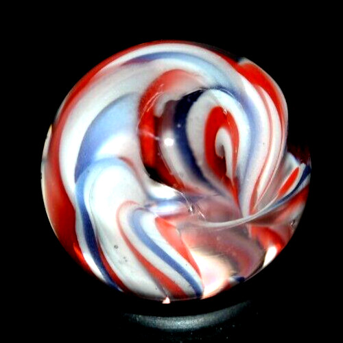 ERIC BROCK GLASS MARBLE/.762″-PATRIOT FILIGRANA-RED,WHITE,BLUE-OPENS INTO FLOWER