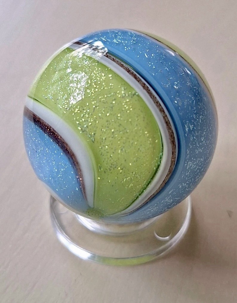 Eddie Seese Contemporary Glass Blue Yellow Band Dichroic Double Twist Marble 3cm