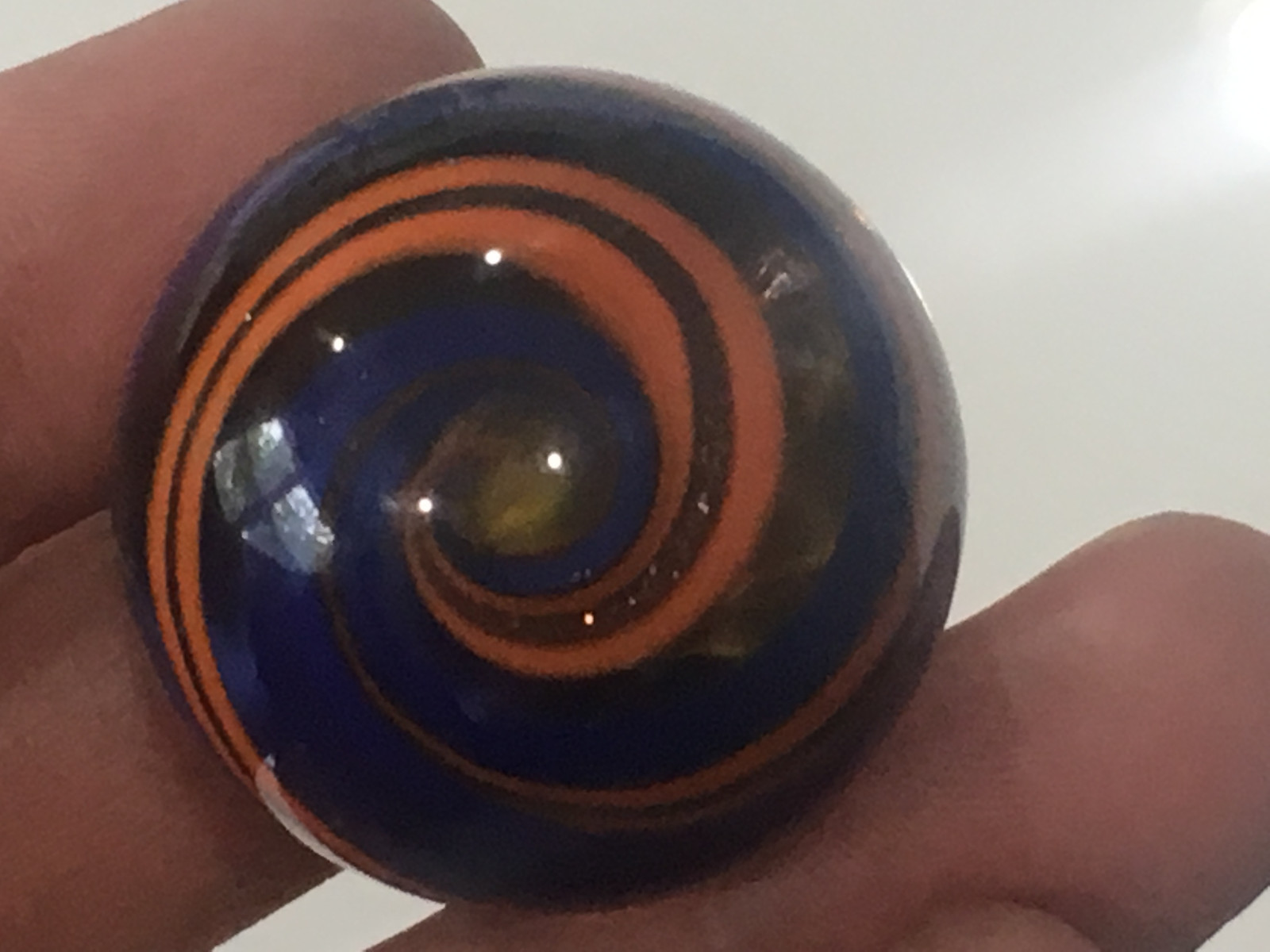 Unknown Age Blown Glass Shooter Marble Blue Orange Gold Yellow Swirl