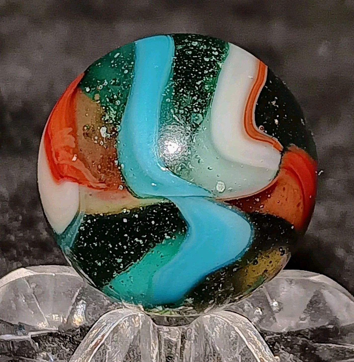 Vintage Pelter Glass NLR Multi-Color Rainbo Marble. W-Oxblood. .66″ Mint. HTF