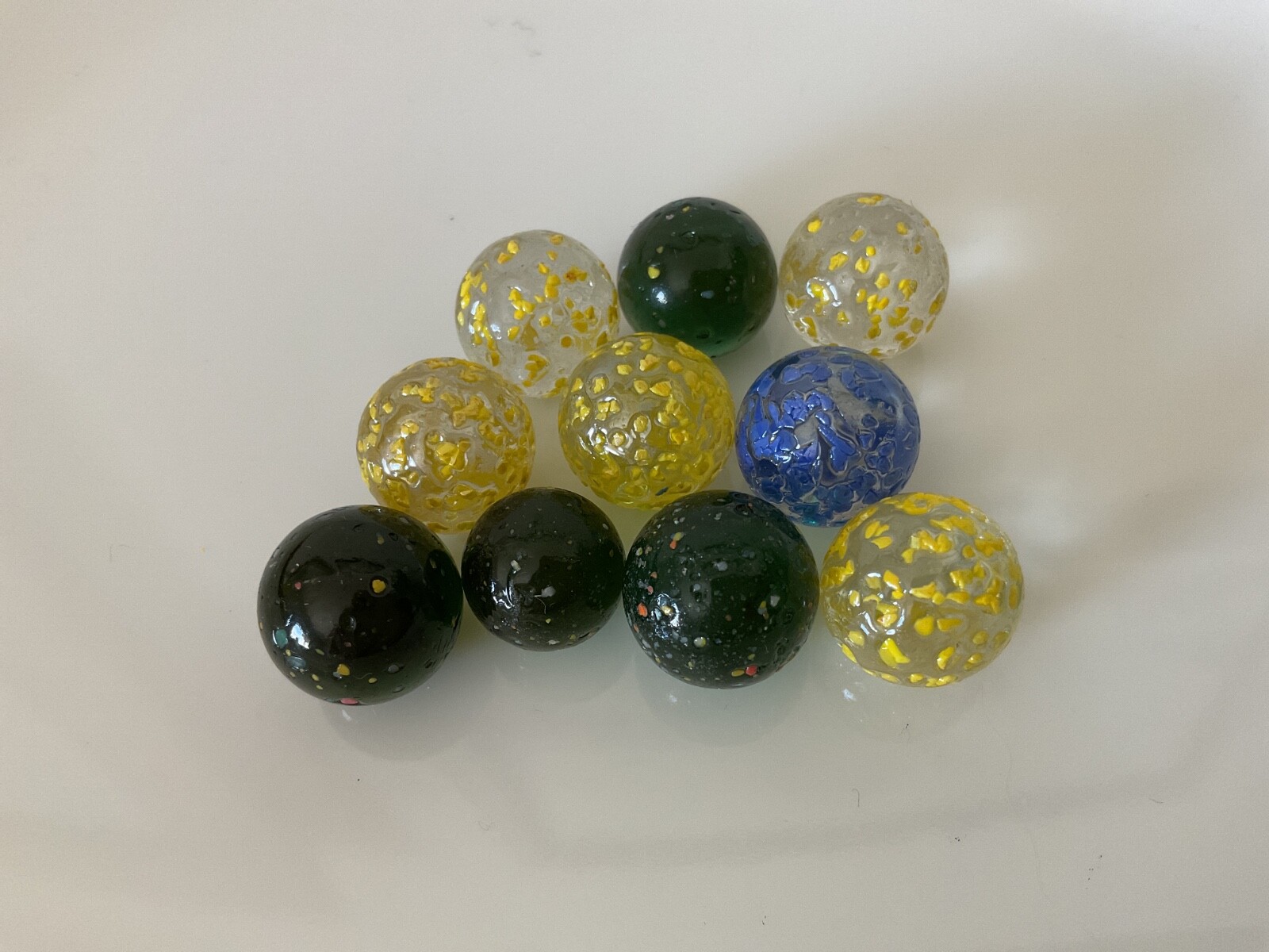 10 Glass Marbles star dust Speckled yellow blue and green with colored speckles