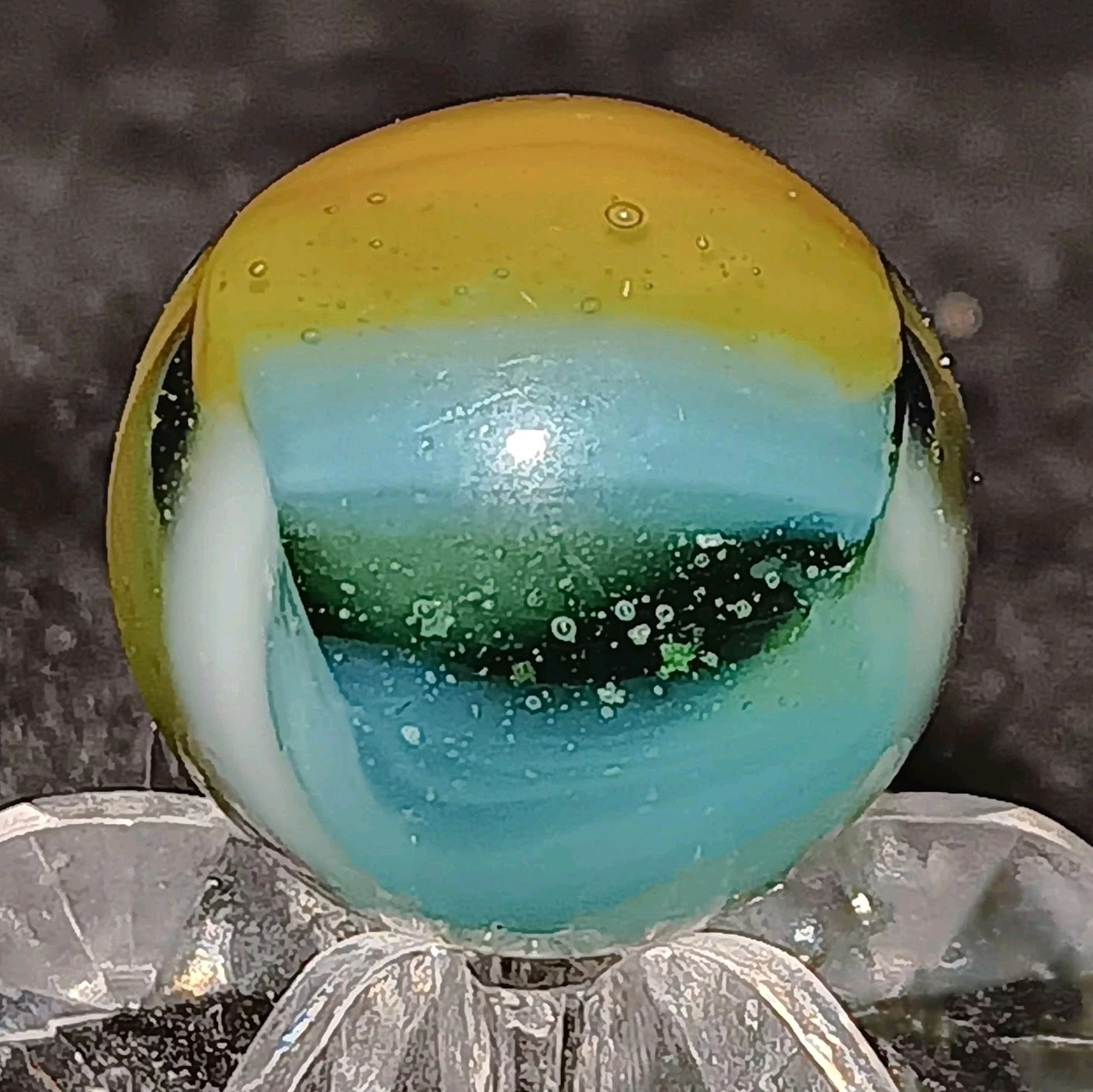 Vintage Peltier Glass NLR Multi-Color Rainbo Marble. .60″ Nm(+). Uv.
