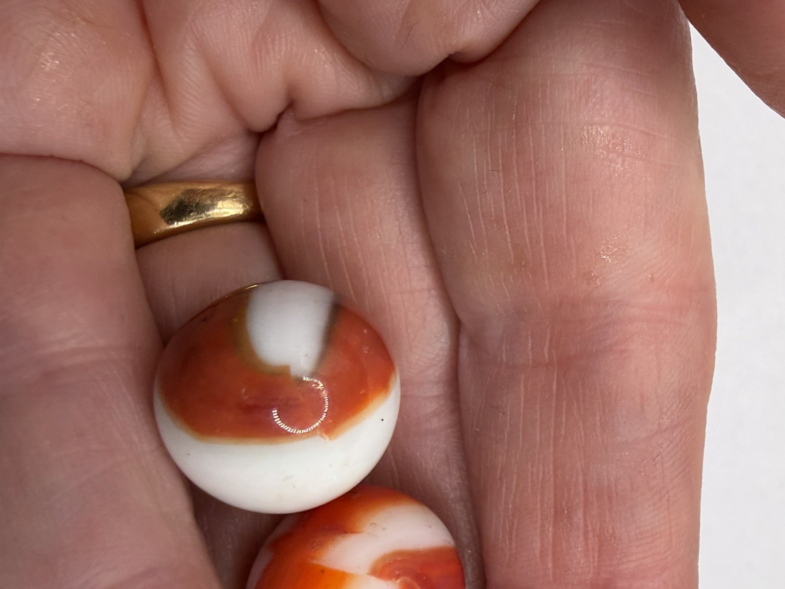 Pair Of Vintage Akro Agate Peltier Christensen Glass Swirl Marble Orange White