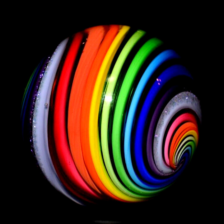 EDDIE SEESE GLASS MARBLE/1.390″-DICHROIC ICE CREAM-LIGHT LAVENDER,ORANGE,TURQ, +