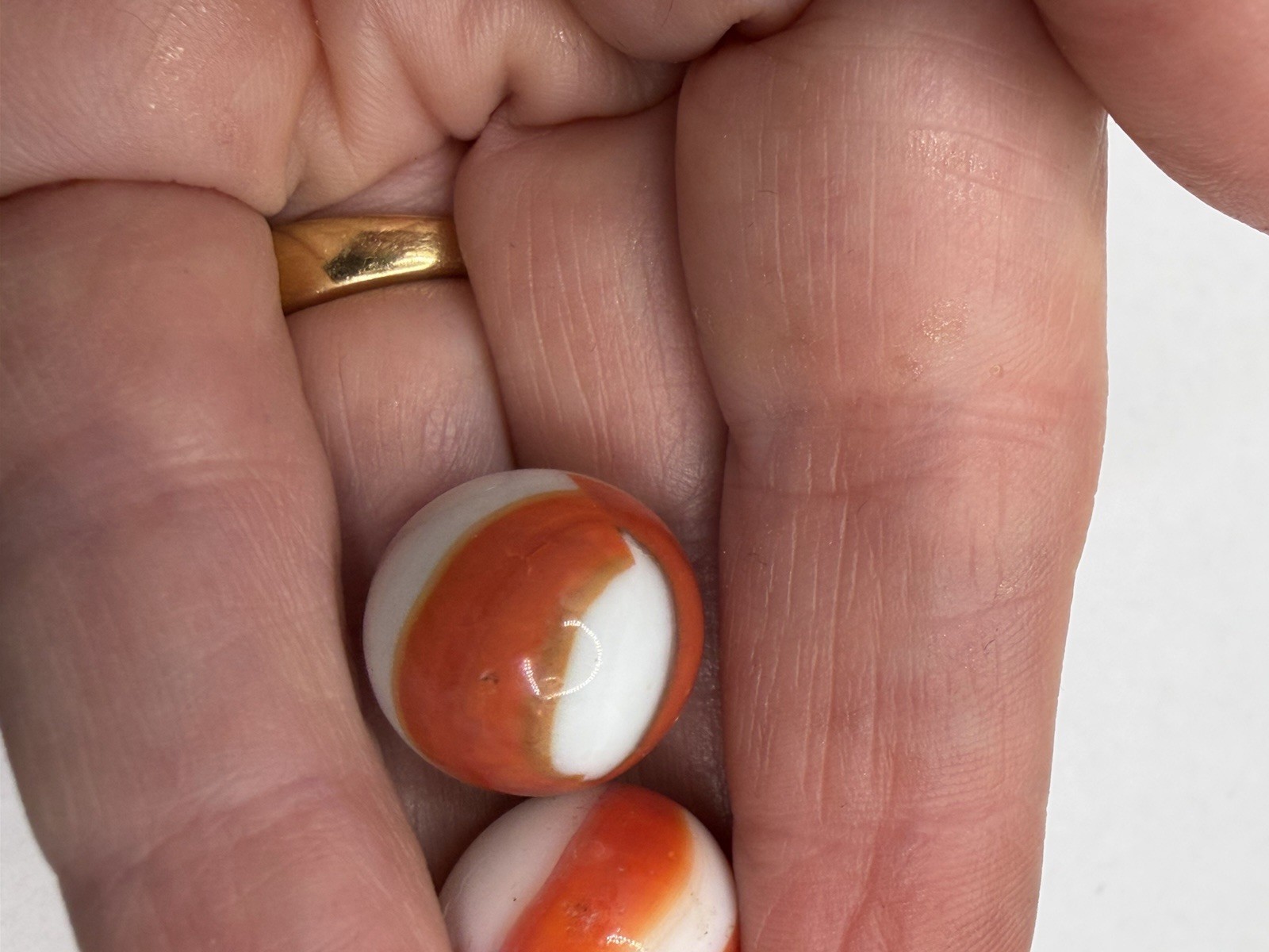 Pair Of Vintage Akro Agate Peltier Christensen Glass Swirl Marble Orange White