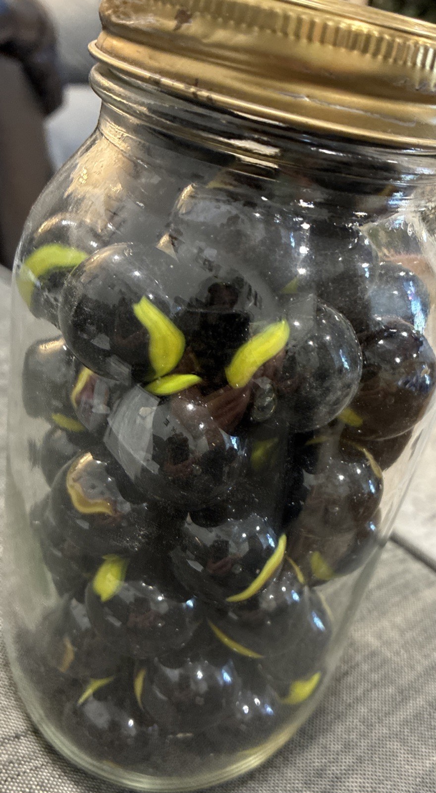 Lot Of Blue Yellow Swirl Bumble Bee Marbles Large Marbles Vintage Quart Jar Full