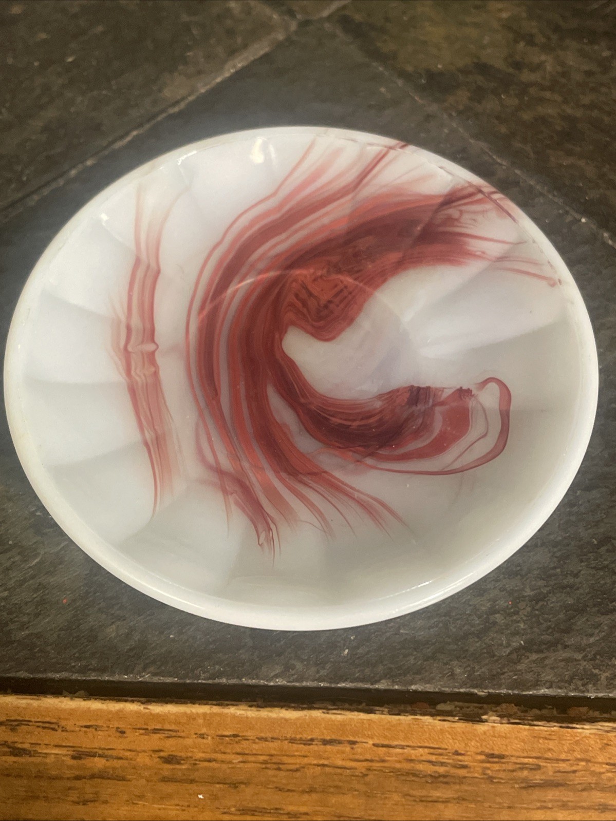 Vintage 1940’s Akro Agate Children’s Round Saucer 3.25” Oxblood White Red