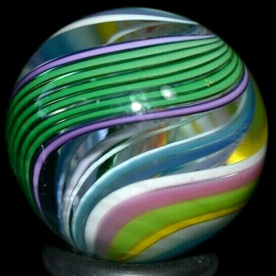 JODY FINE HANDMADE GLASS MARBLE/.926″-SPRING TRIPLE-BLUE,OLIVE,LILAC,ROSE,LEMON+