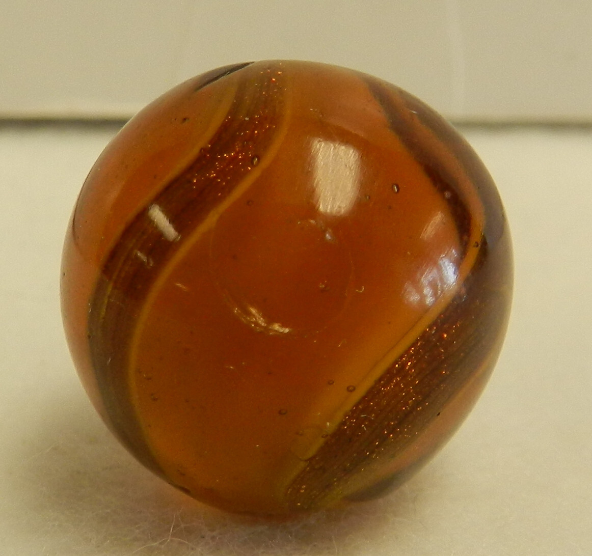 #18549m Large .77 Inches Vintage German Handmade Amber Glass Ribbon Lutz Marble