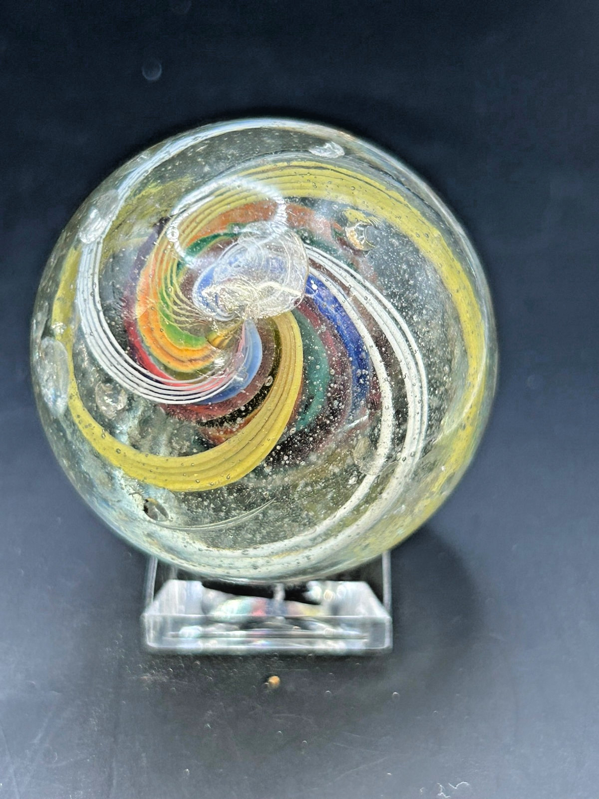 Antique German Divided Core Yellow White Latticino Marble 1 9/16″ NM- E3.2