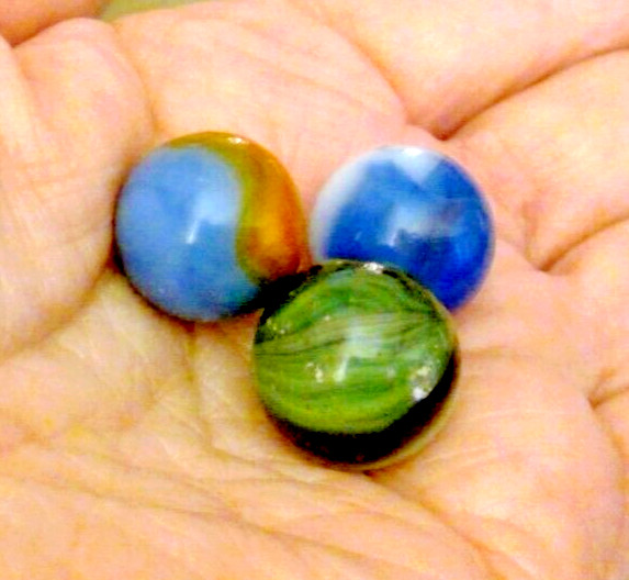 VINTAGE 3 MARBLES SWIRL BLUE OPAQUE AKRO ? VITRO ? CHRISTENSEN ? PELTIER ? 9/16″