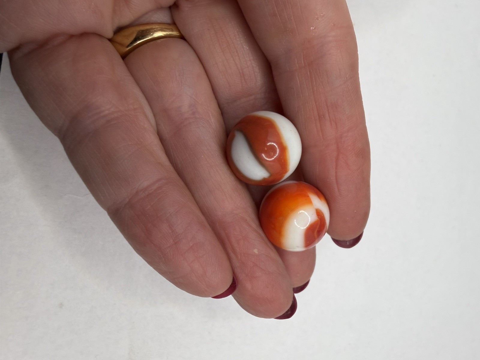 Pair Of Vintage Akro Agate Peltier Christensen Glass Swirl Marble Orange White