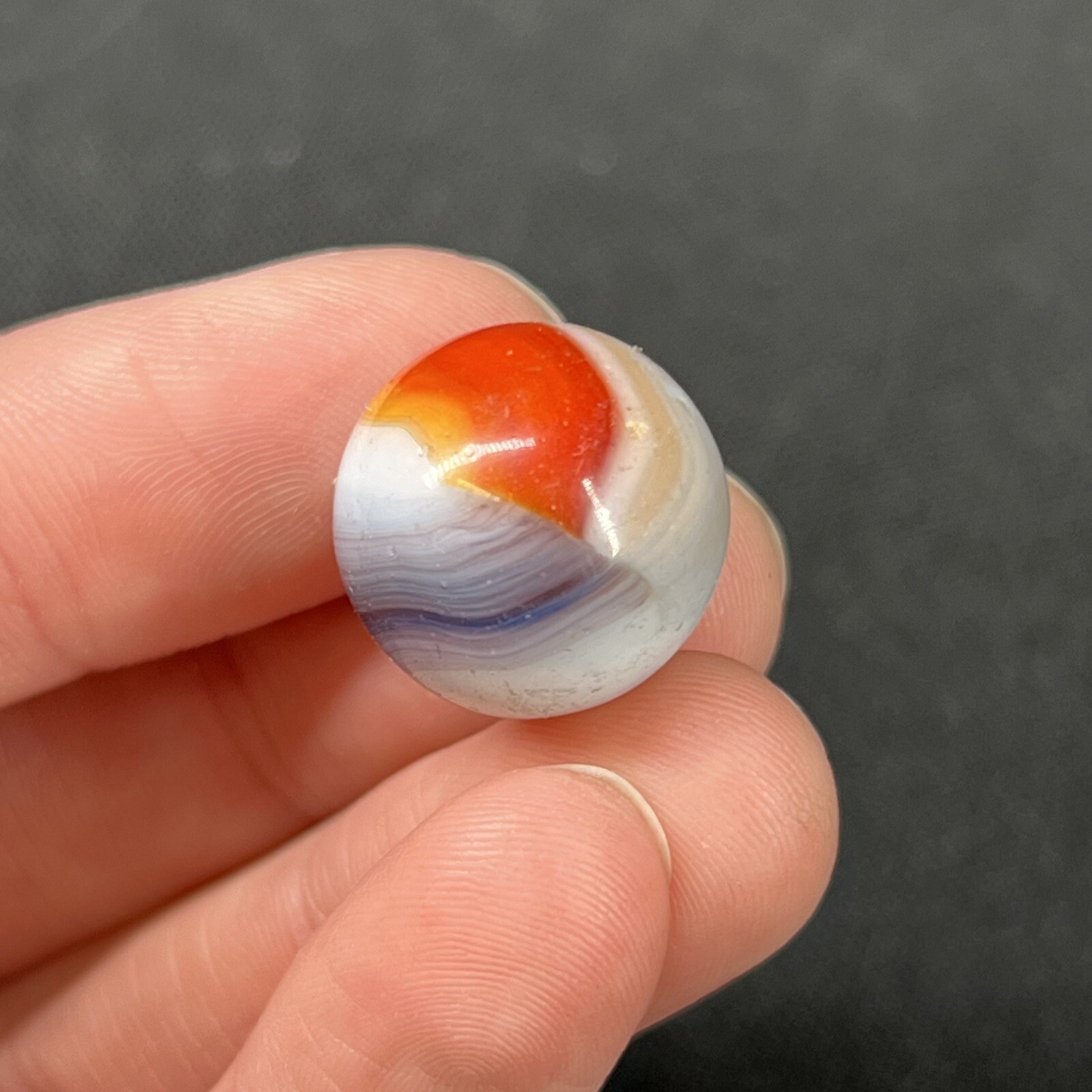 Vintage Akro Agate Peltier Christensen Art Glass Swirl Marble Purple Orange .6”