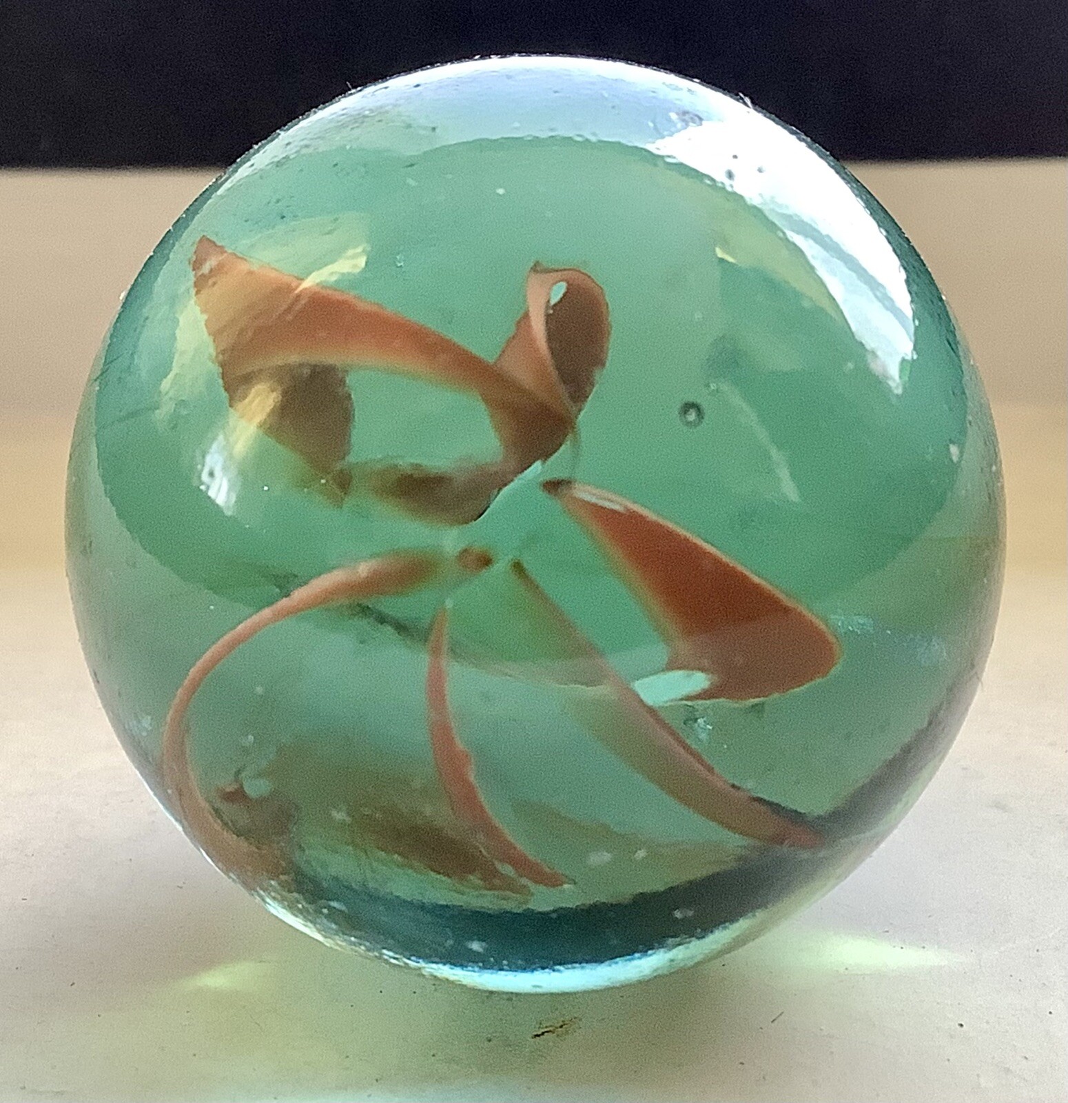 Vintage Estate Large 6 Vein Rust Red Color In Aqua Glass Shooter 1” Marble