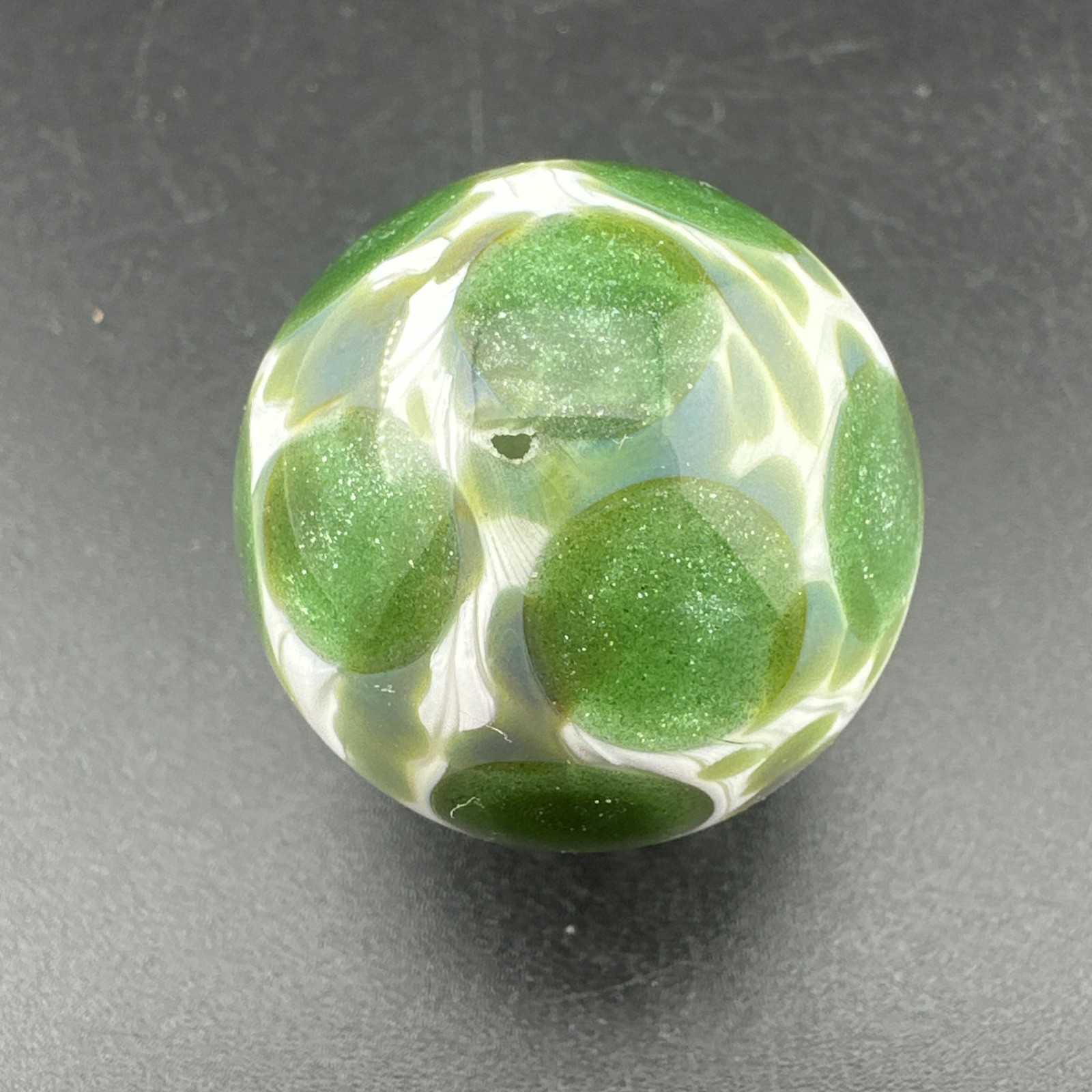 Contemporary Handmade Art Glass Marble 1.04″ Sparkly Green Spots White MIB Boro