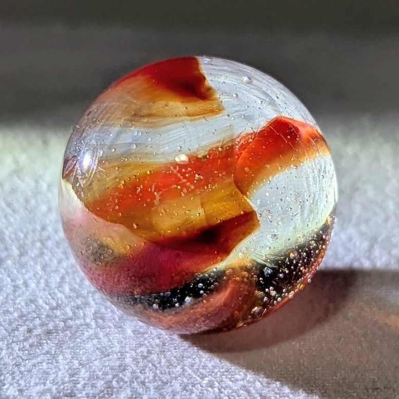 VTG Peltier Glass 7/8″ Shooter Sunset Rainbo Marble WET MINT Clear Base Red Oran