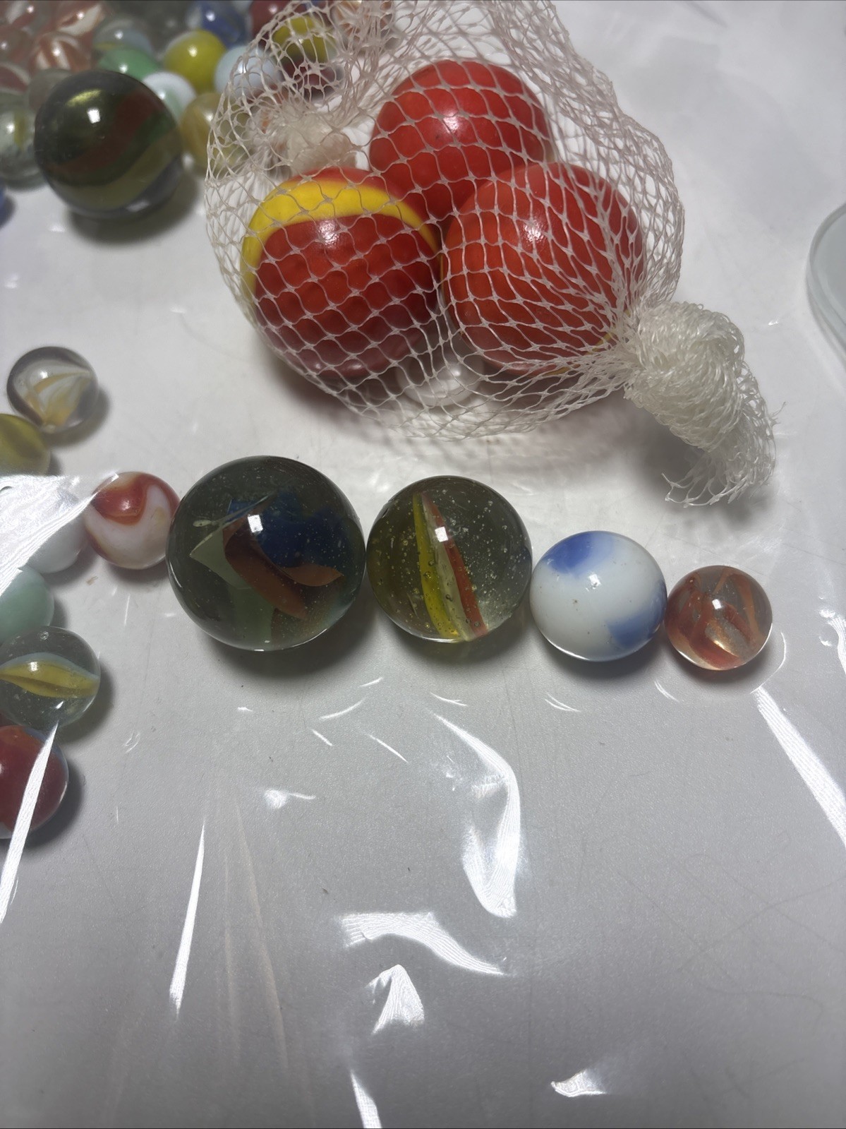 Vintage Marble Mixed Lot Various Sizes Colors Marbles Leather Pouch
