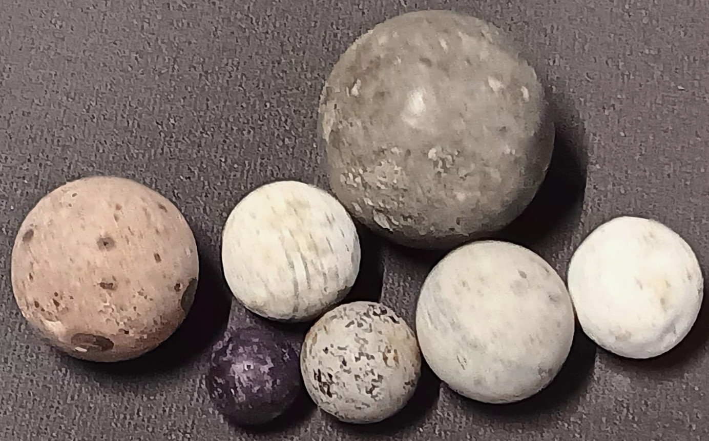 Lot 7 Vintage Clay Rock MARBLES 1 Very LARGE 1 Very SMALL Many Irregular