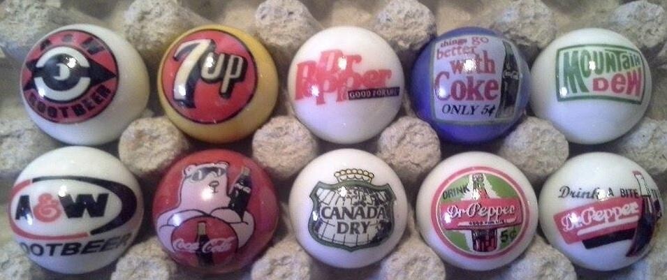 Set of 10 Soda Pop 1″ Glass Logo Marbles