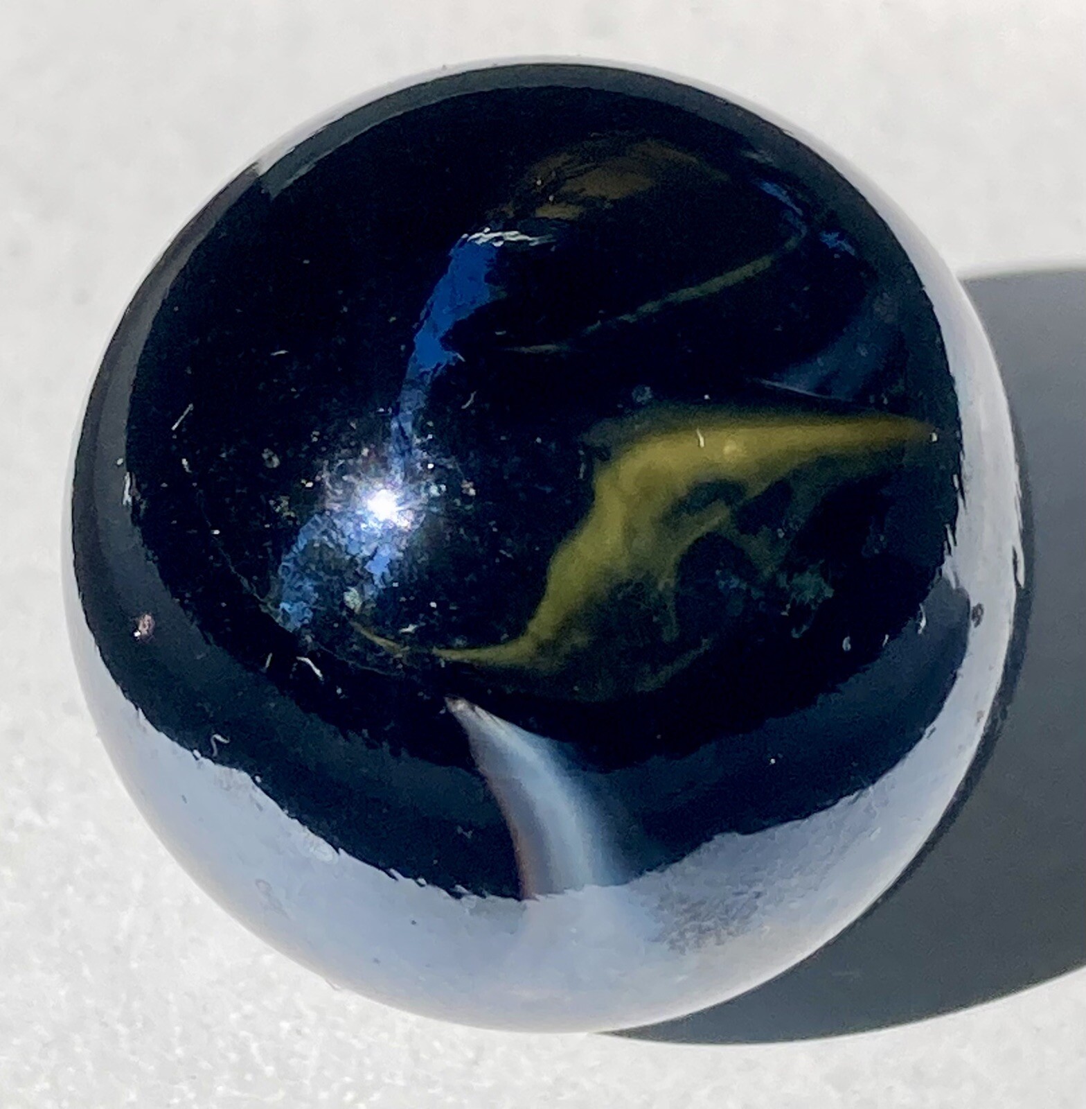 Vintage Estate Large Shooter Marble Dark Iridescent Glass W/Yellow White Swirls