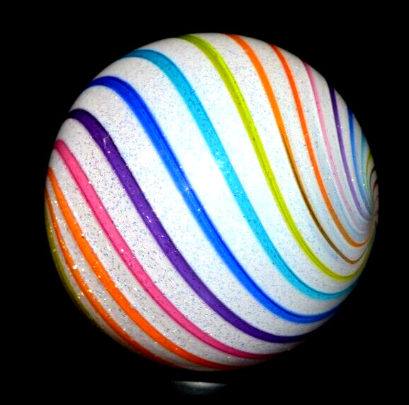 HOT HOUSE GLASS MARBLE/1.618″-ICE WHITE DICHROIC RAINBOW-ROYAL,TURQ,TANGERINE+