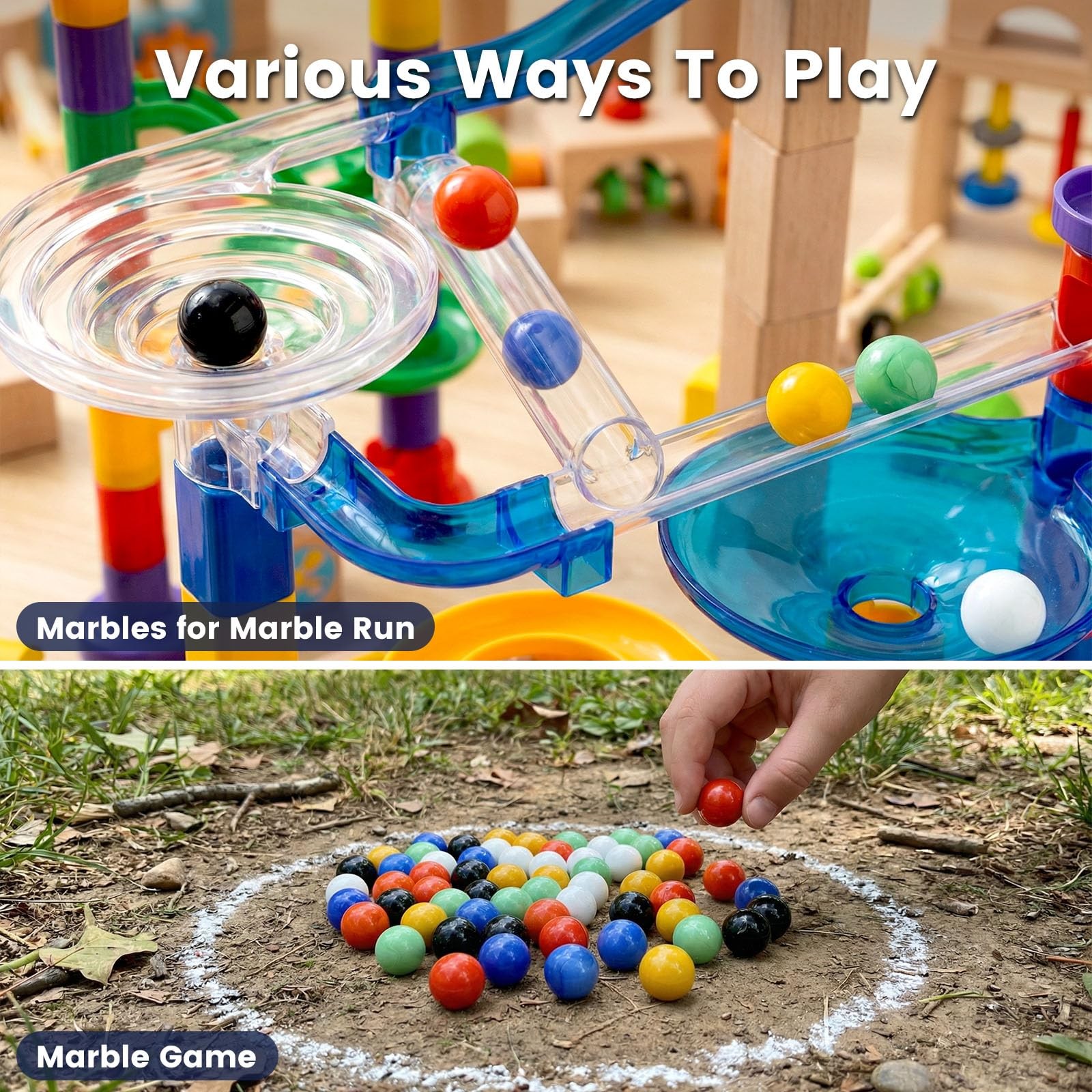 POPLAY 60PCS Glass Marbles Medium, Green, Yellow, Black, Blue, White, and Red