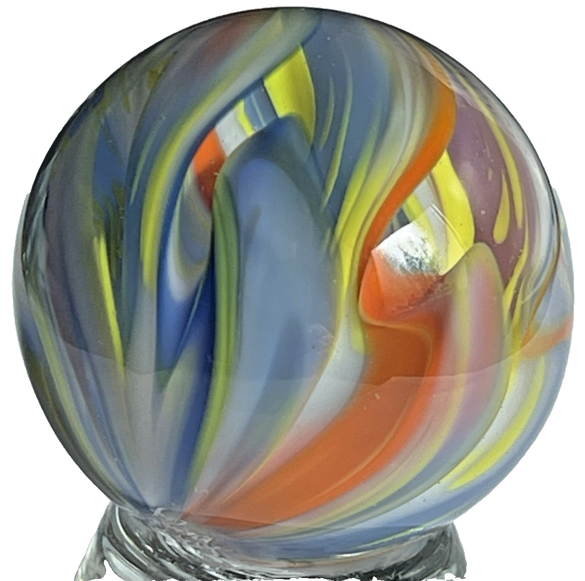 2014 RICK DAVIS MARBLE HANDMADE GLASS ART 1.48″ ORANGE BLUE PURPLE YELLOW MIX