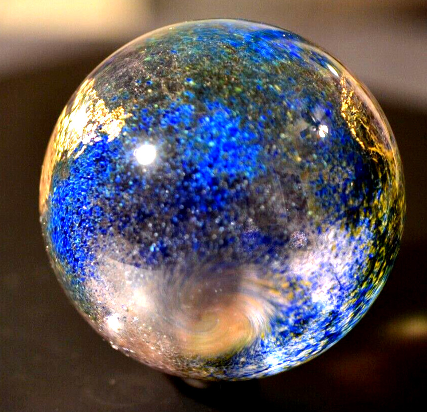 CHARLES CULBERT GLASS MARBLE/2.724″-TRANSPARENT DARK EARTH ABSTRACT-GOLD,VIOLET+