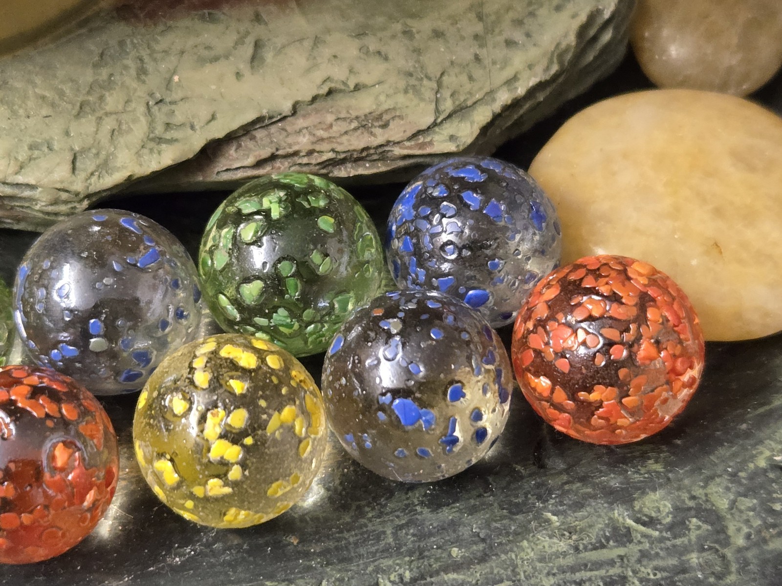 VTG MARBLES Lot Of 12 Glass. Confetti Speckled Translucent multicolored