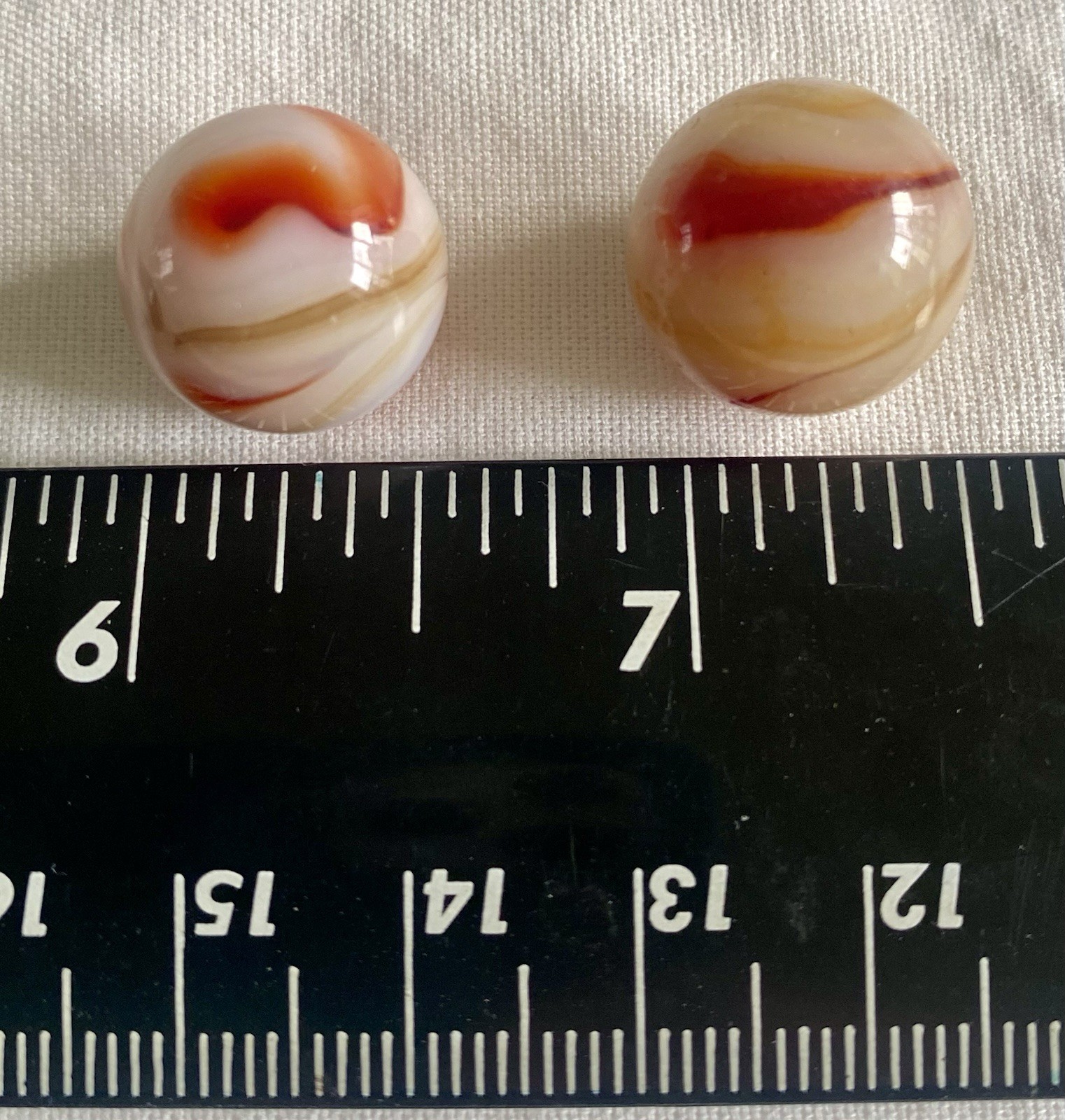 Pair Of Vtg Alley Agate Red & Yellow Swirl Marbles 1/2” & 9/16” (zzd7)