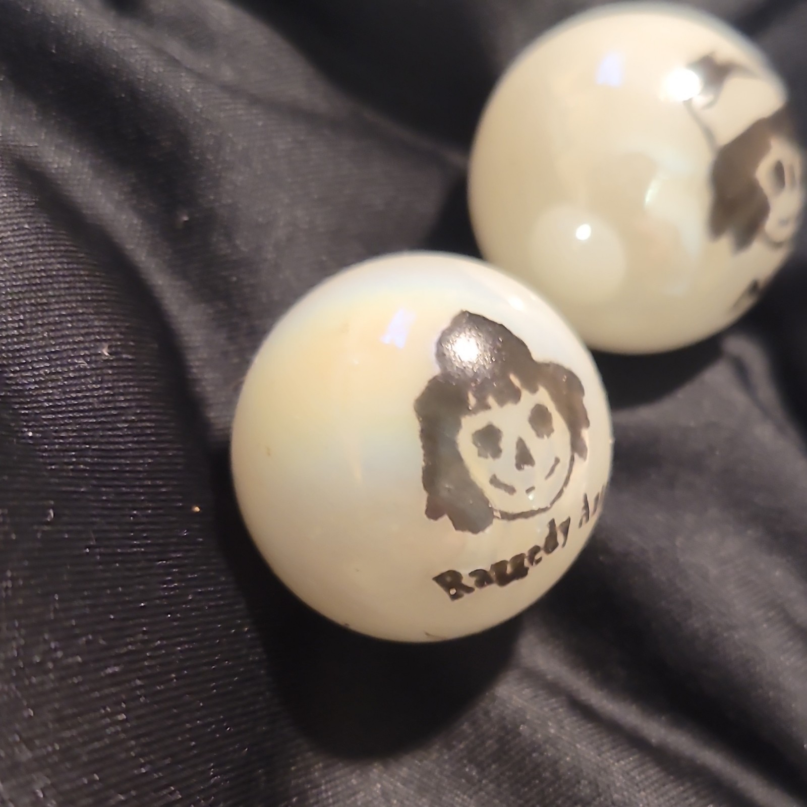 vintage Raggedy Ann & Andy Marbles Set of 2 White Collectible antique shooters