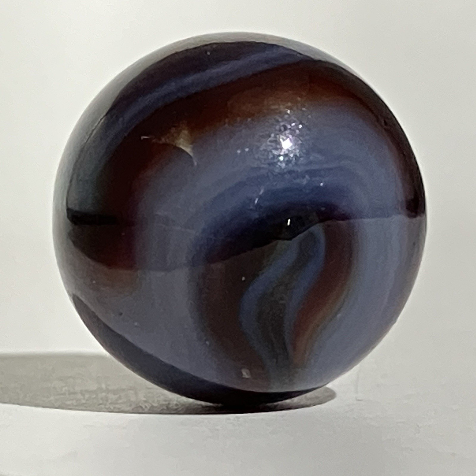 1 – Vtg Glass Marble / Akro Agate / Robin Egg Blue & Root Beer / UV Glow / No 15