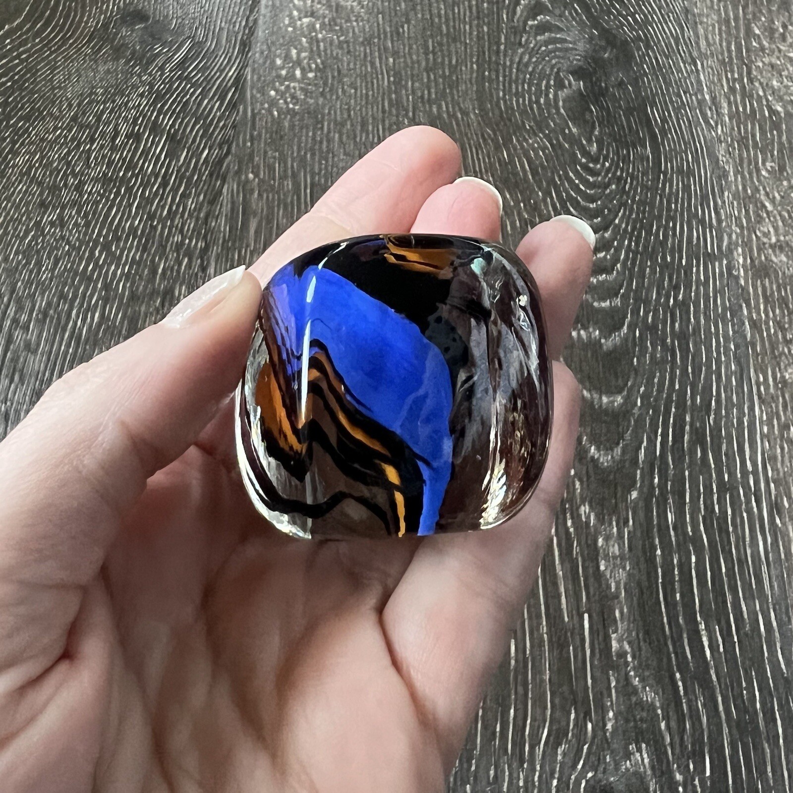 RARE SQUARE Shooter Rolf Wald Art Glass Cube Dice Blue Black & Orange Signed 90s