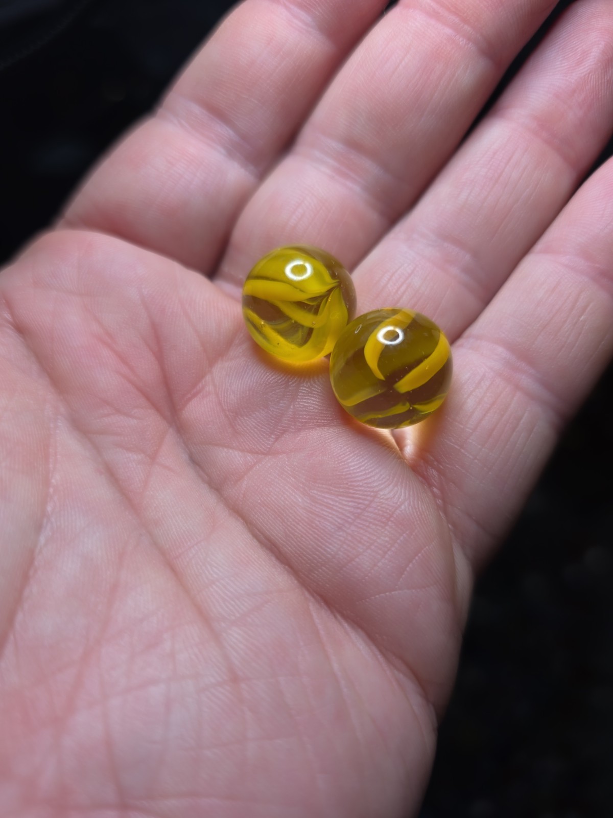 Vitro .6″ Agate Glass Yellow Cats Eye Marbles Lot Of 2 Antique Cadmium Glow
