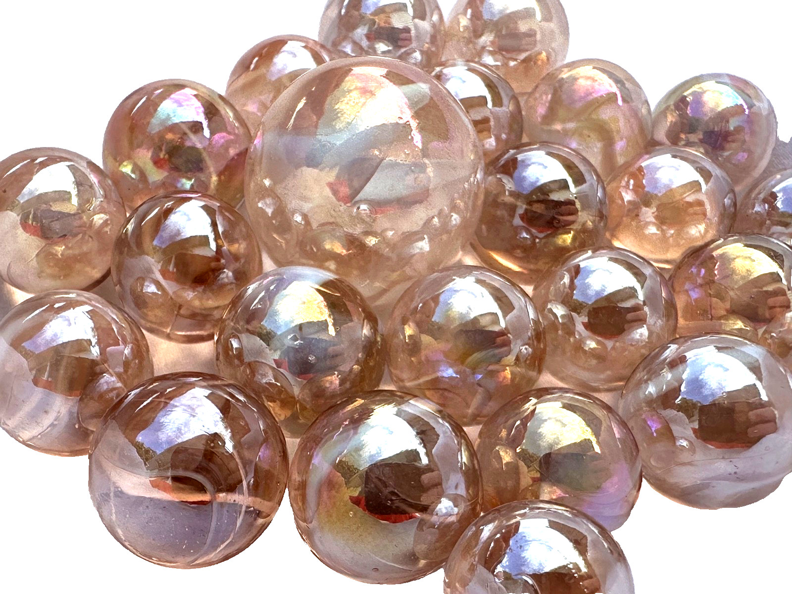 25 Glass Marbles JELLYFISH Pink/White Soap Bubble game vtg style Shooter Swirl