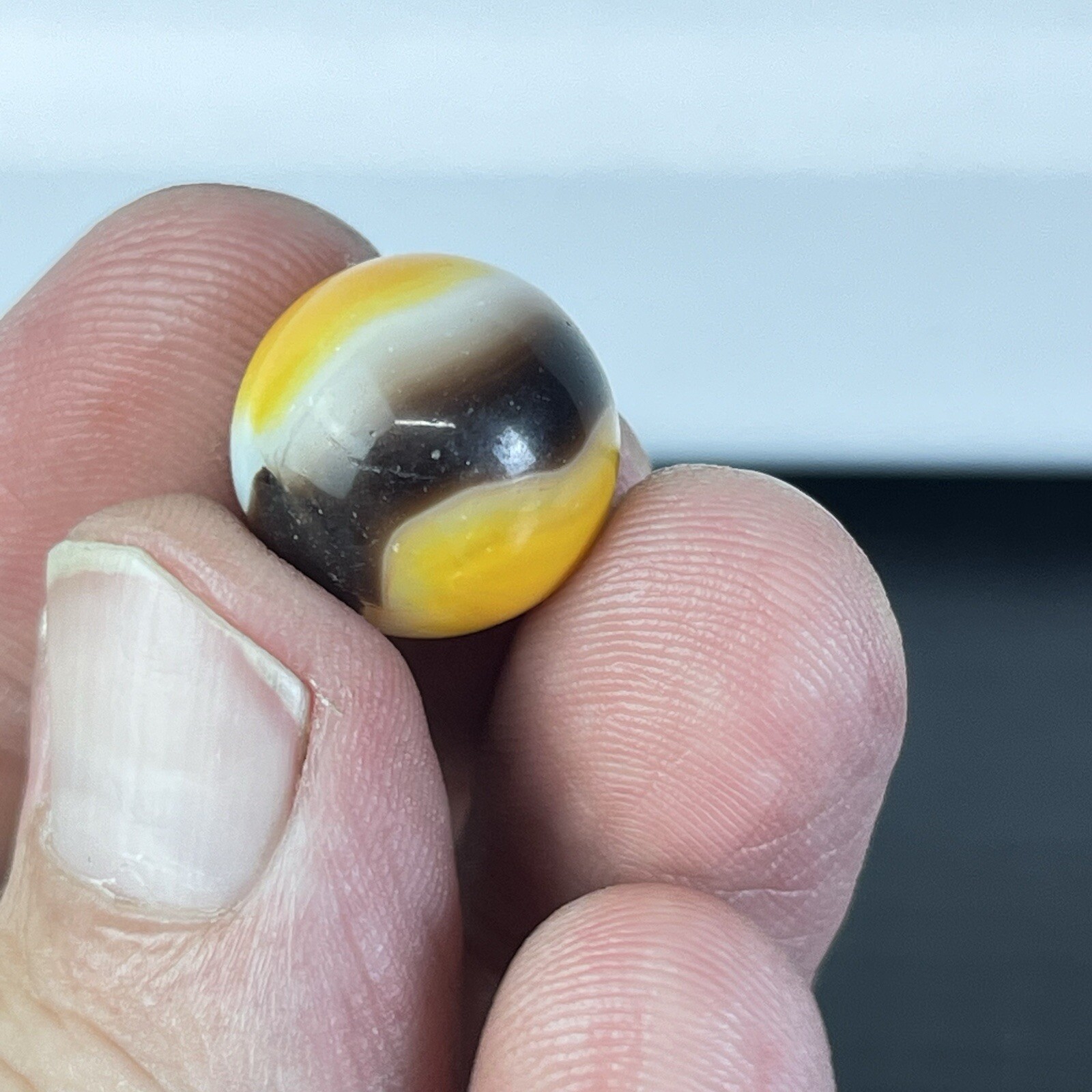 Vintage Akro Agate Peltier Art Swirl Glass Marble .63” Orange Black White