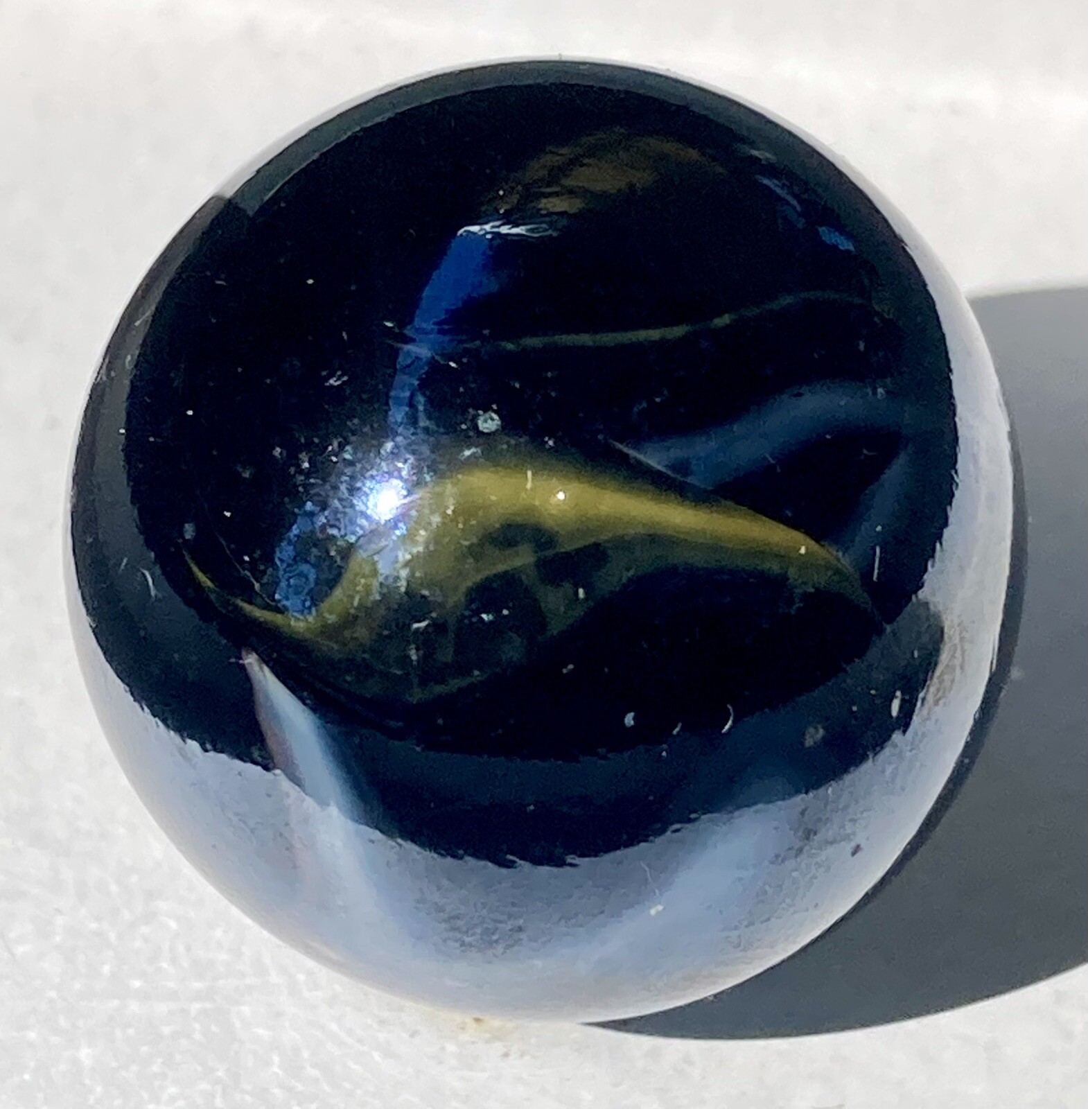 Vintage Estate Large Shooter Marble Dark Iridescent Glass W/Yellow White Swirls