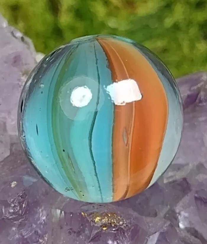 Elegant 💎 NM Turquoise & Peach Cateye Six-Vane “V” Style Vintage Marbles .60″