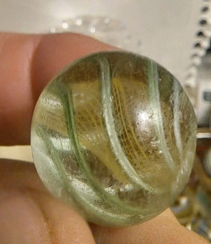Antique Handmade German Marble – Green Swirl Latticinio Yellow Core