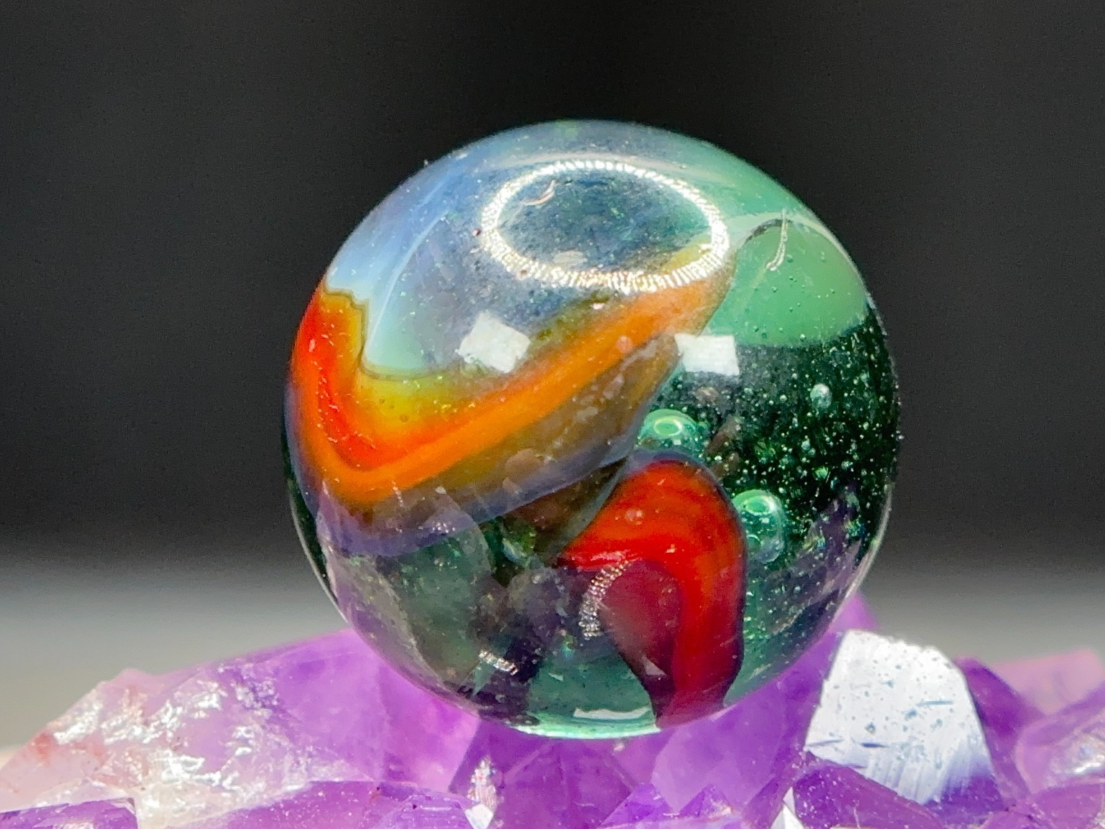 LARGE Vintage Peltier Glass Clear Rainbo Marble AQUA White Orange .94″ SHOOTER!