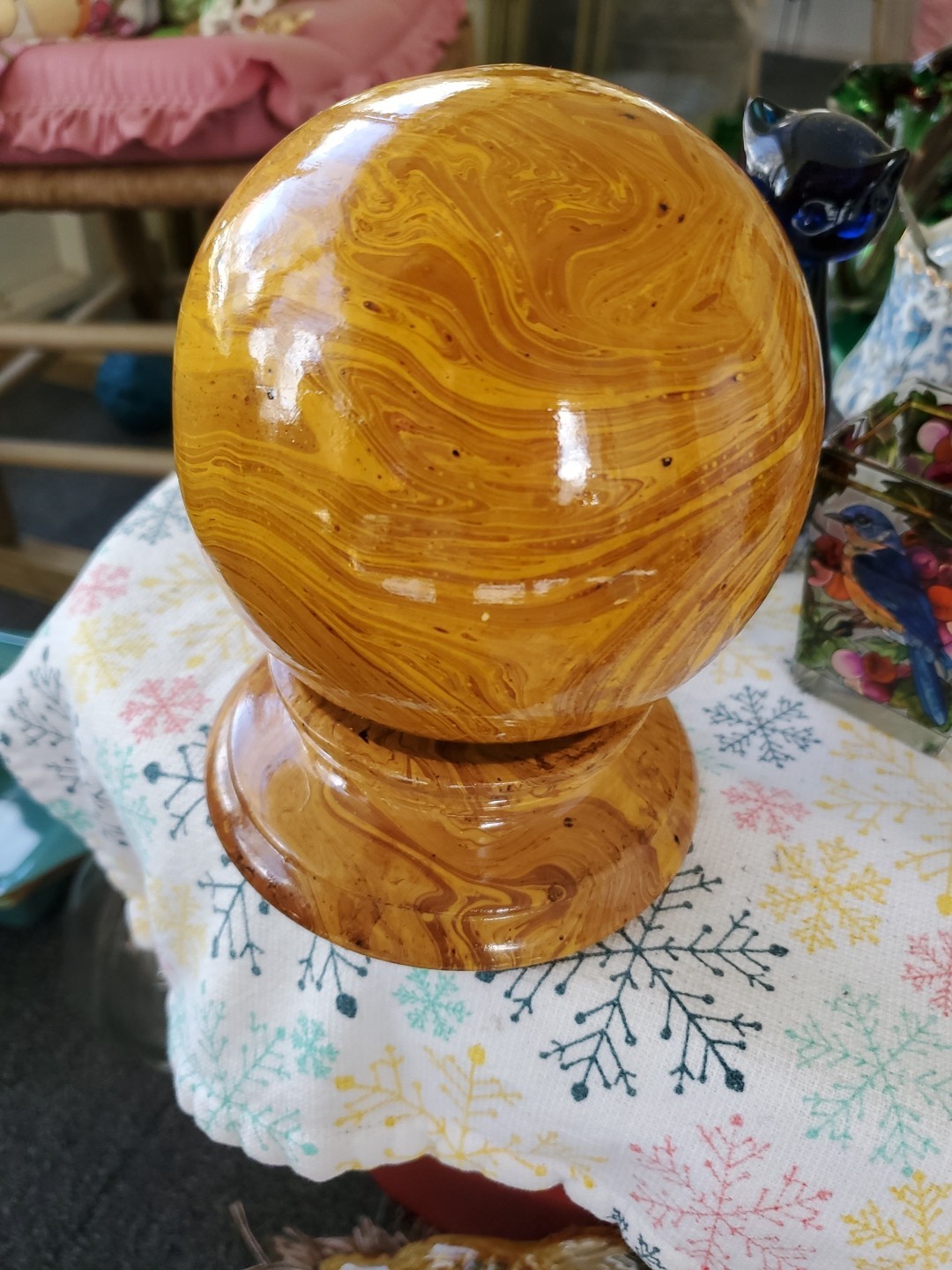 VTG ITALIAN CERAMIC MARBLE SPHERE ON PEDESTAL MADE IN FLORENCE ITALY 6.5″X 4.5″