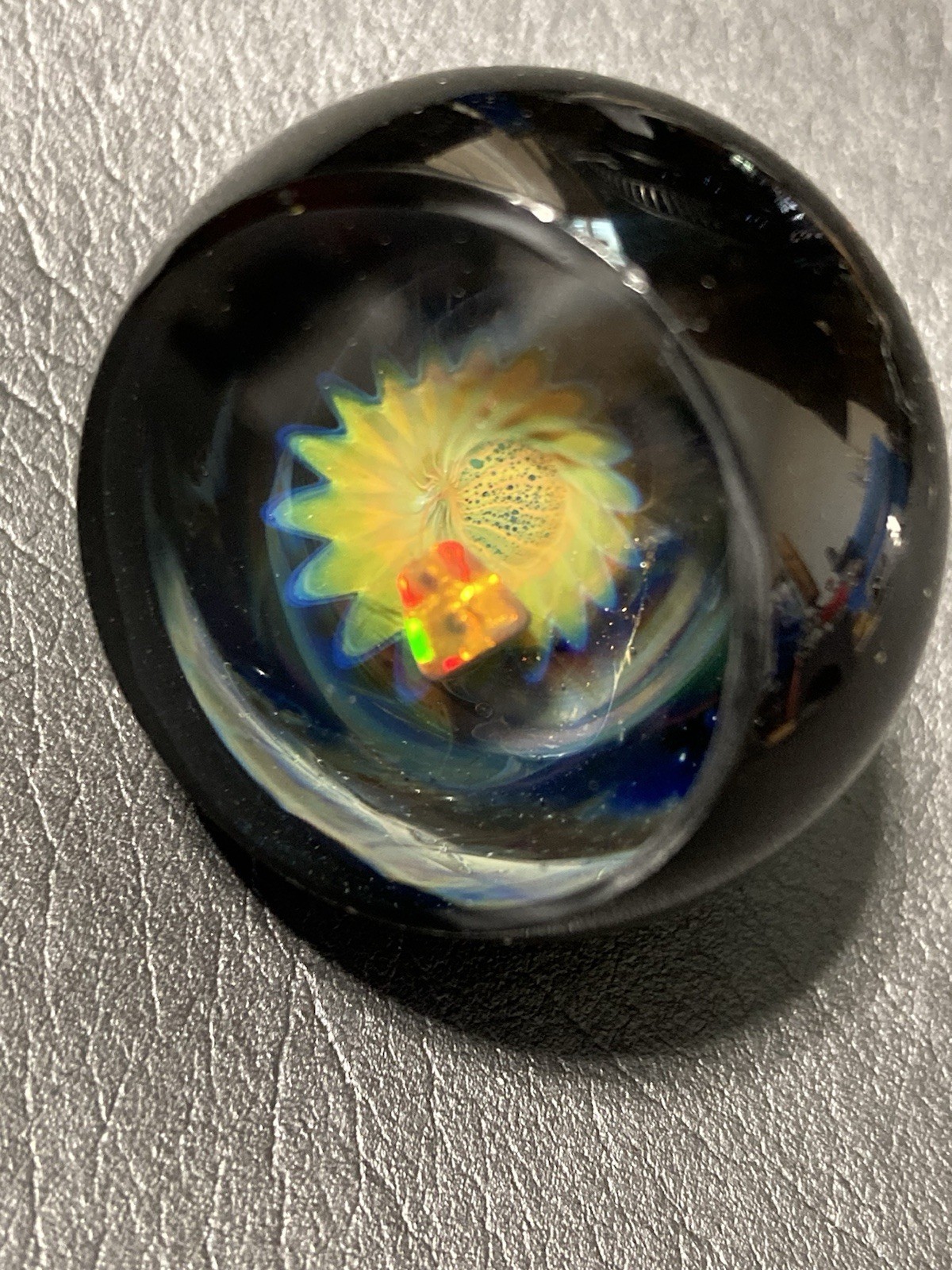 Glass Boro Space Marble 33mm W/ Opal Stone Hand Made Art W/ Faceted ￼Sculpture